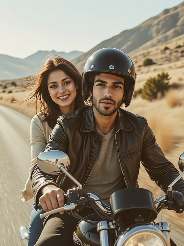Two People driving a motorcycle image