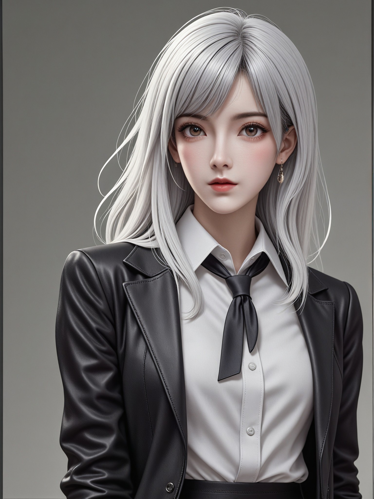 Stylish and capable white haired female anchor realistic portrait Ice Silver Femme |  image