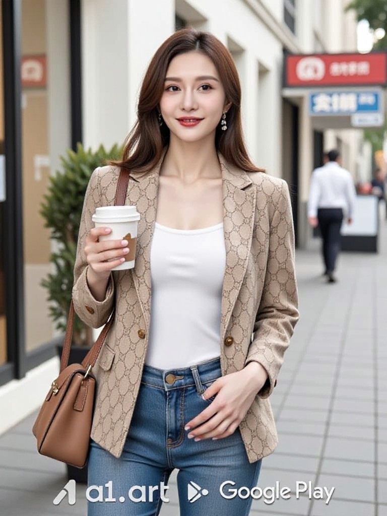 casual female portrait in Gucci beige jacket image
