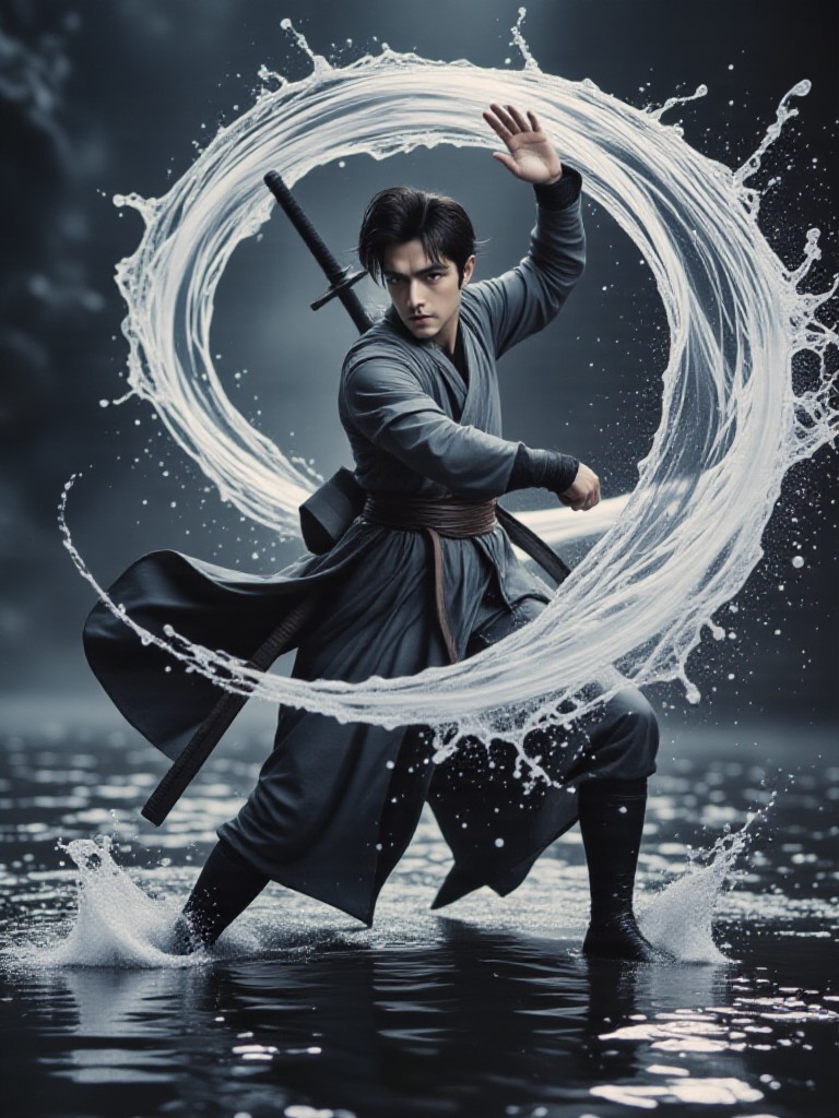 AI Animated version of "Sword Shadow of the Waves. The Water Warrior" image