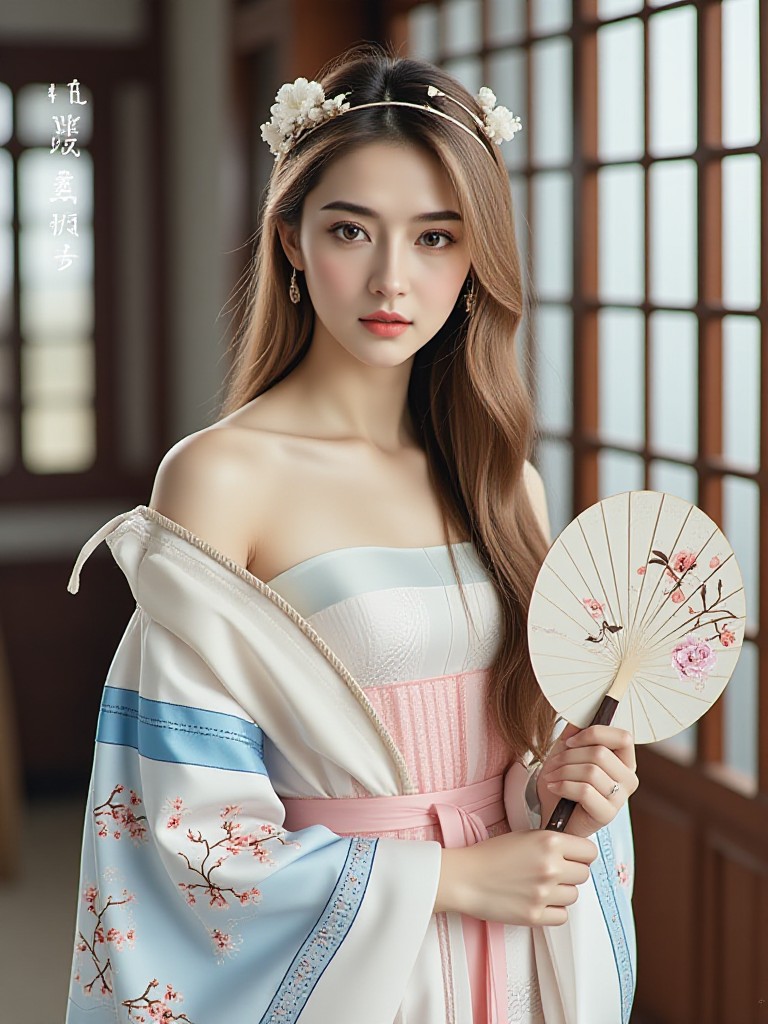 A woman holding an ancient fan image