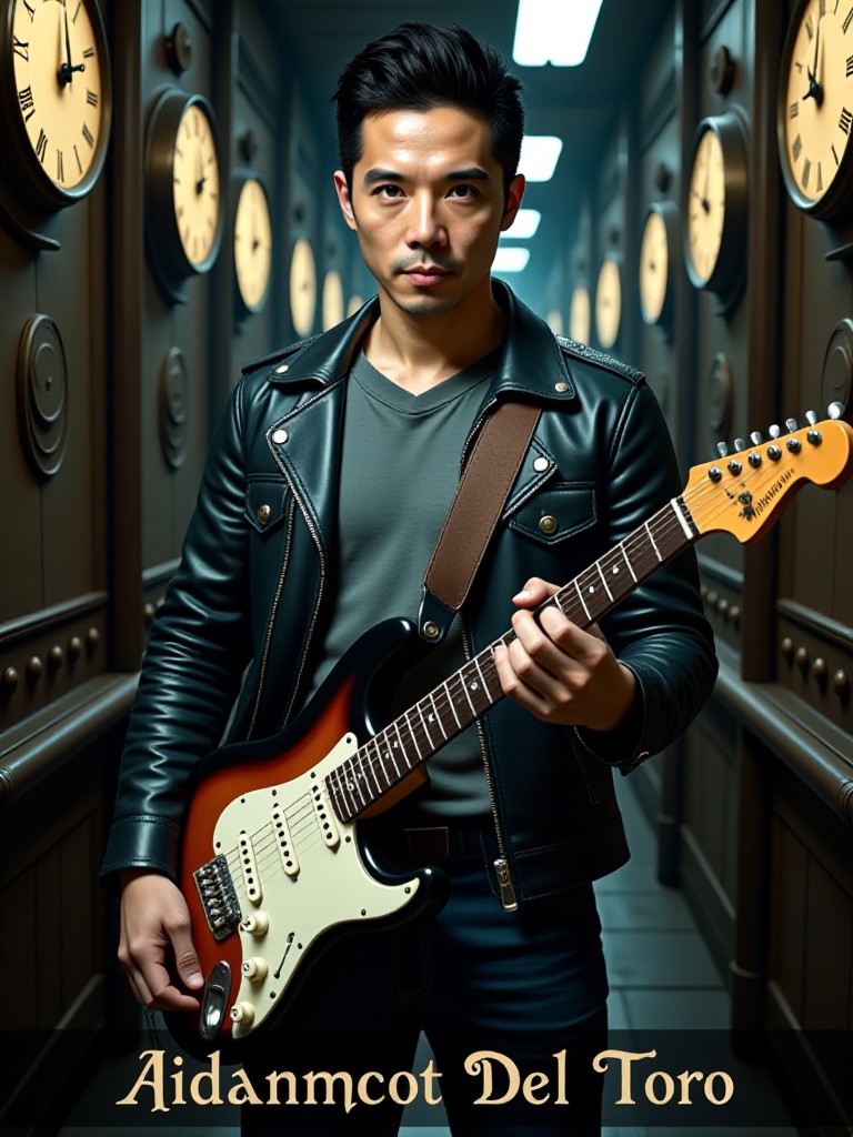 Guitar expert wearing leather jacket image