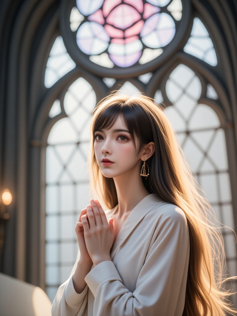 AI Animated version of 'Rose Light': Realistic and Quiet Prayer in the Church image