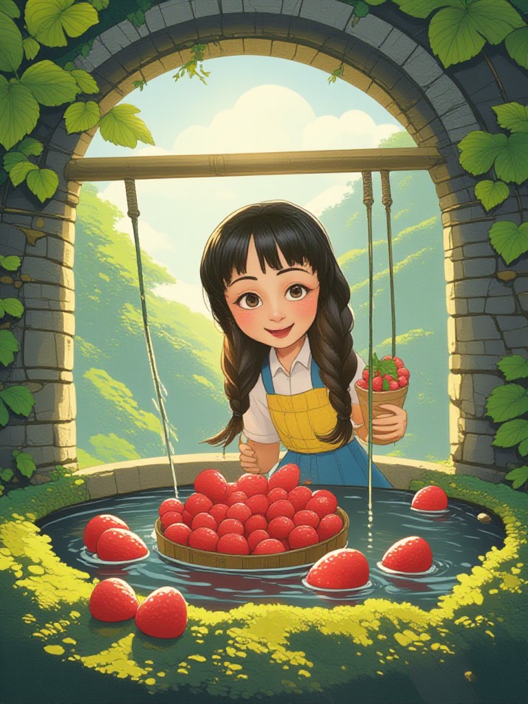 The girl washing strawberries by the well image