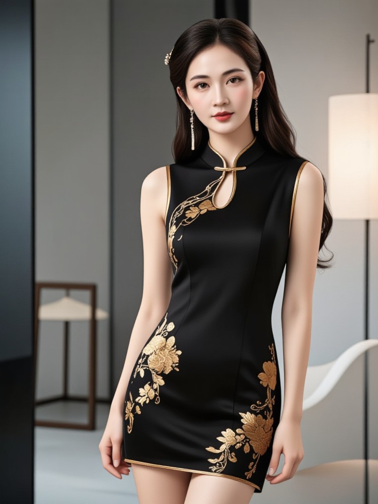 Black gold inlaid qipao image