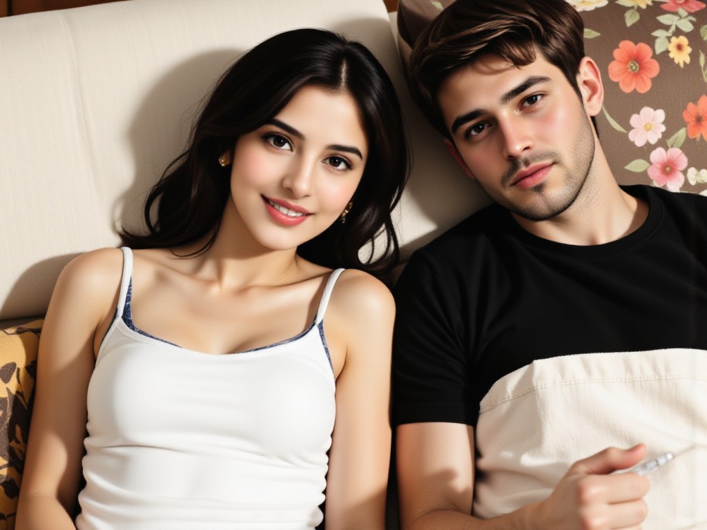 A couple cuddling on the bed image