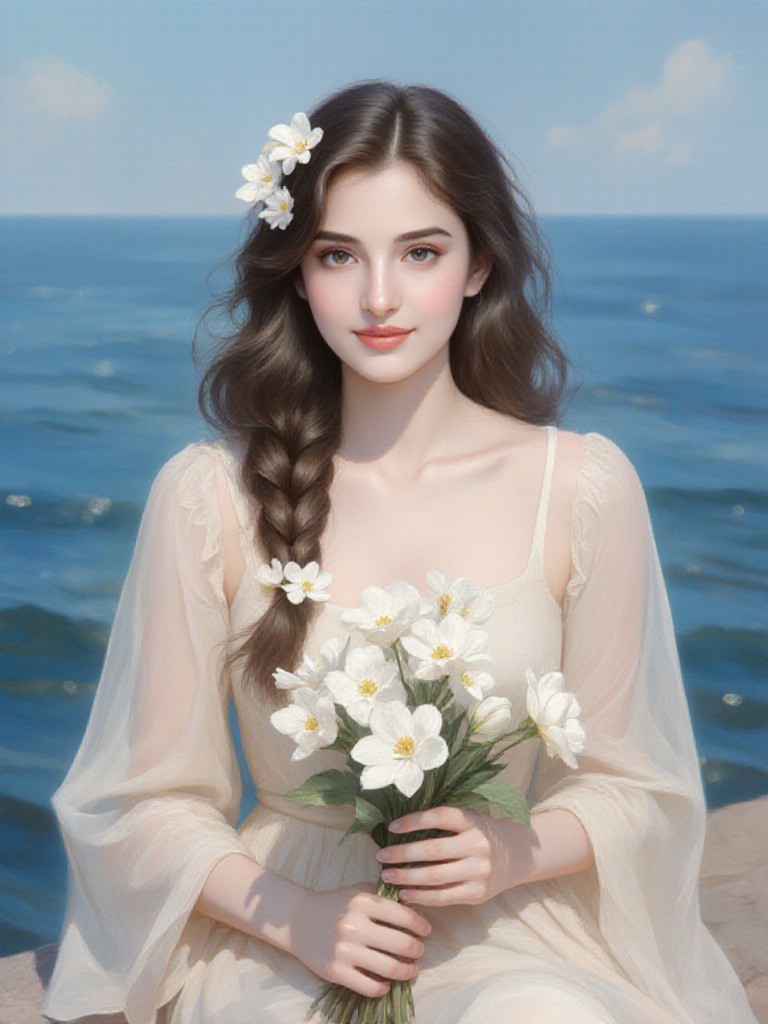 Seaside Girl with Flowers image