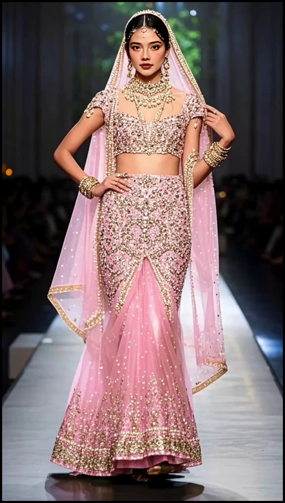 Gorgeous Indian Pink Sari Evening Dress Fashion Show Live image