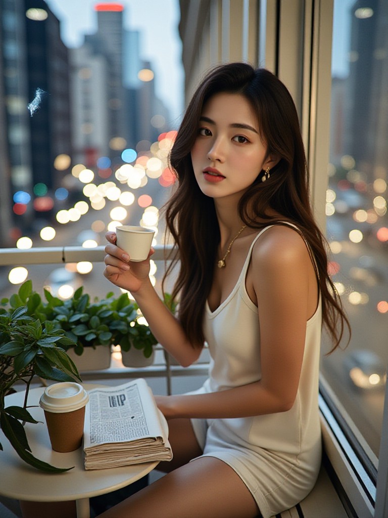 Drinking a cup of coffee on the balcony of a bustling street (video) image
