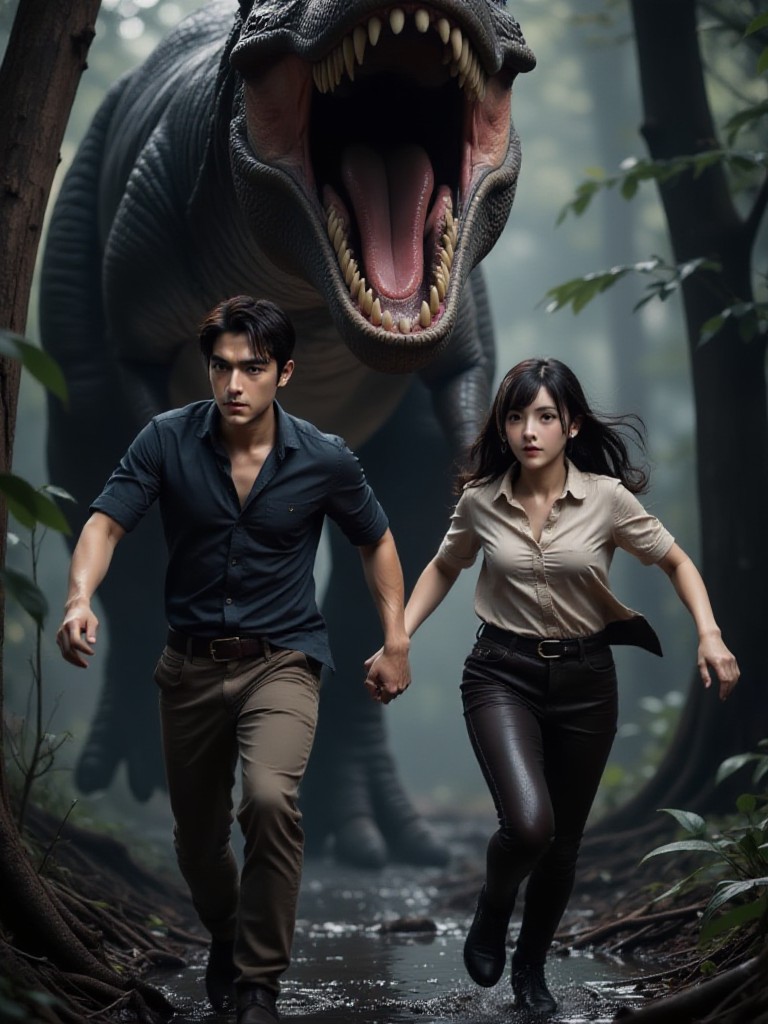 AI Animated version of 'Forest of Extinction: Tyrannosaurus Rex Attack' image