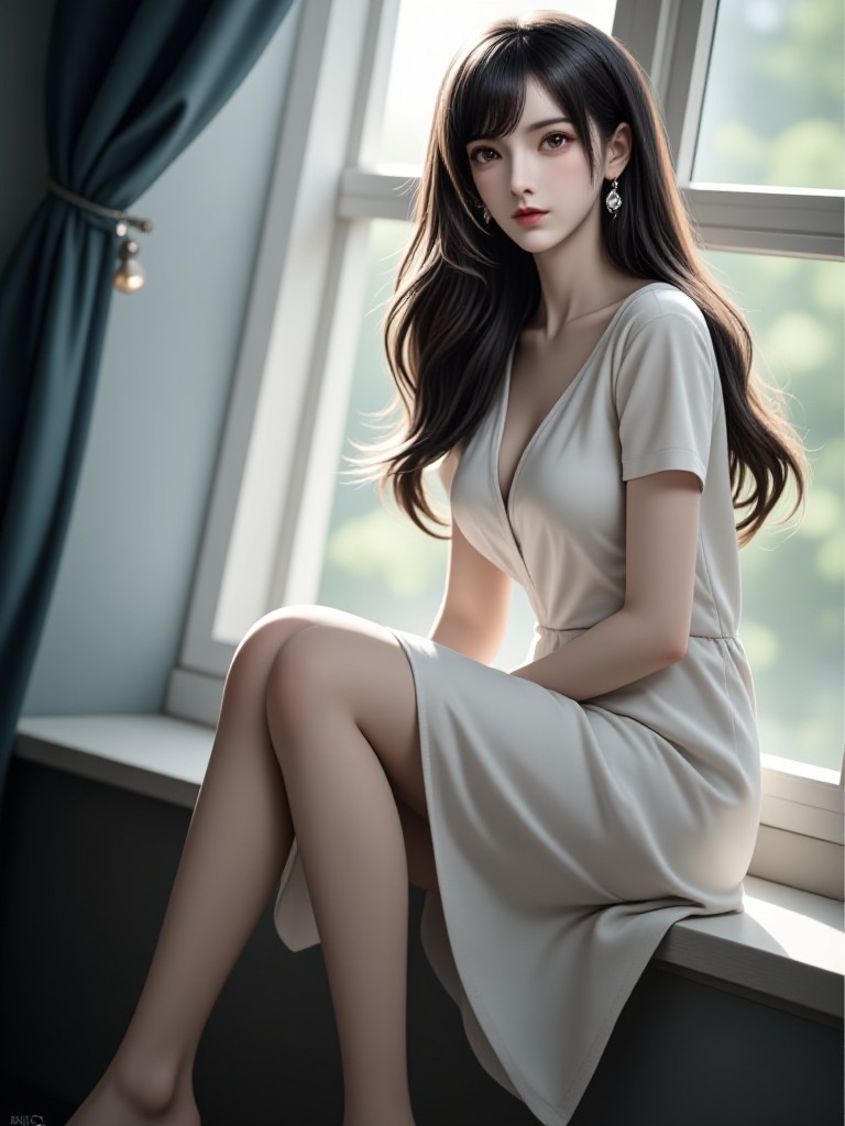 AI Animated multiple script version "White temperament beauty with shimmering light by the window" image