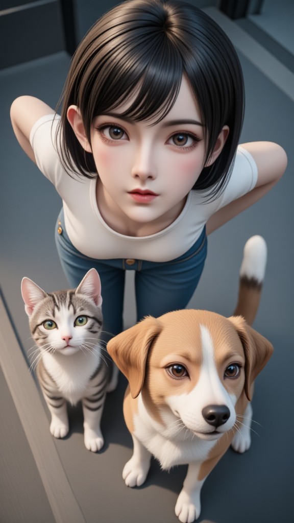 AI Animated multi script version of "Top down Girl and Her Cute Pets Trio" image