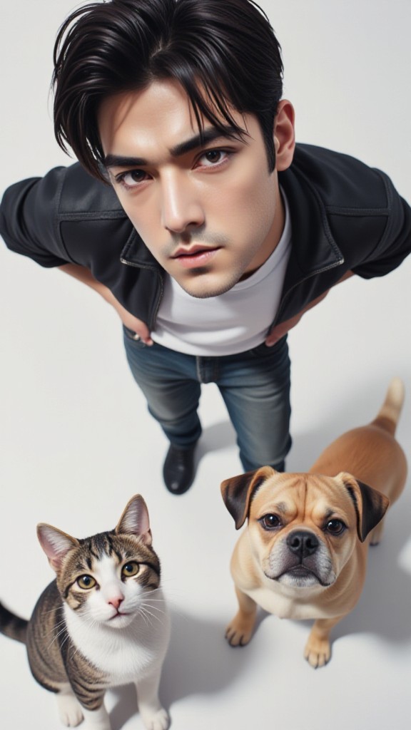 AI Animated multi script version of 'Top down Serious Man with His Pets' image