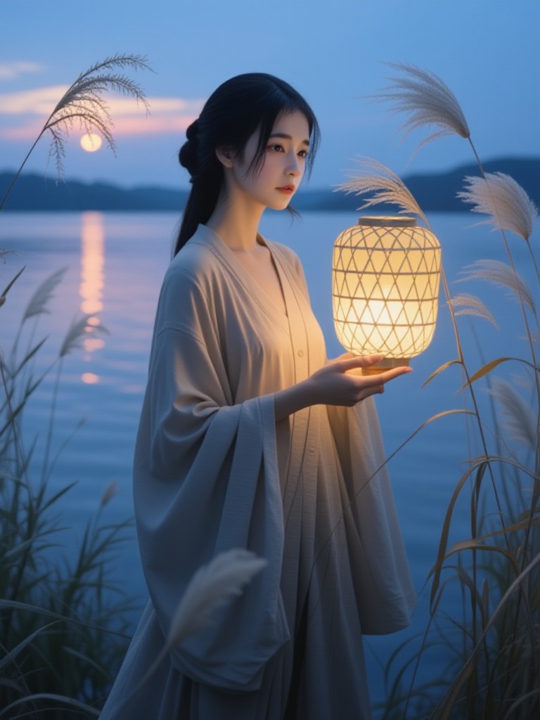 The shadow of the evening reed lamp reflects the jade figure image