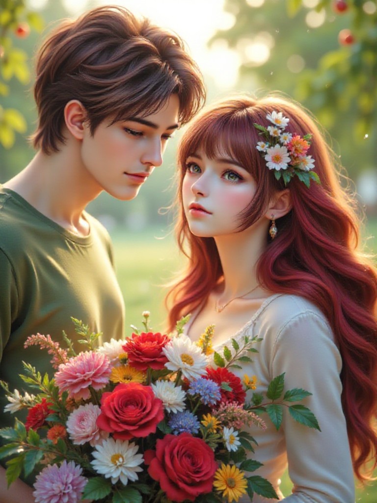 A  young  couple in the garden a young girl hold a flowervideo💚🥰💛🥰(remix) image