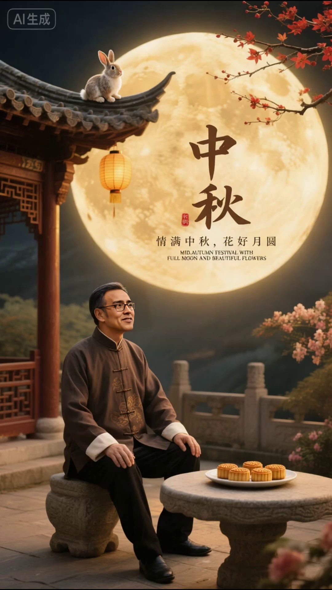 Full of emotions during the Mid Autumn Festival, with beautiful flowers and a full moon image