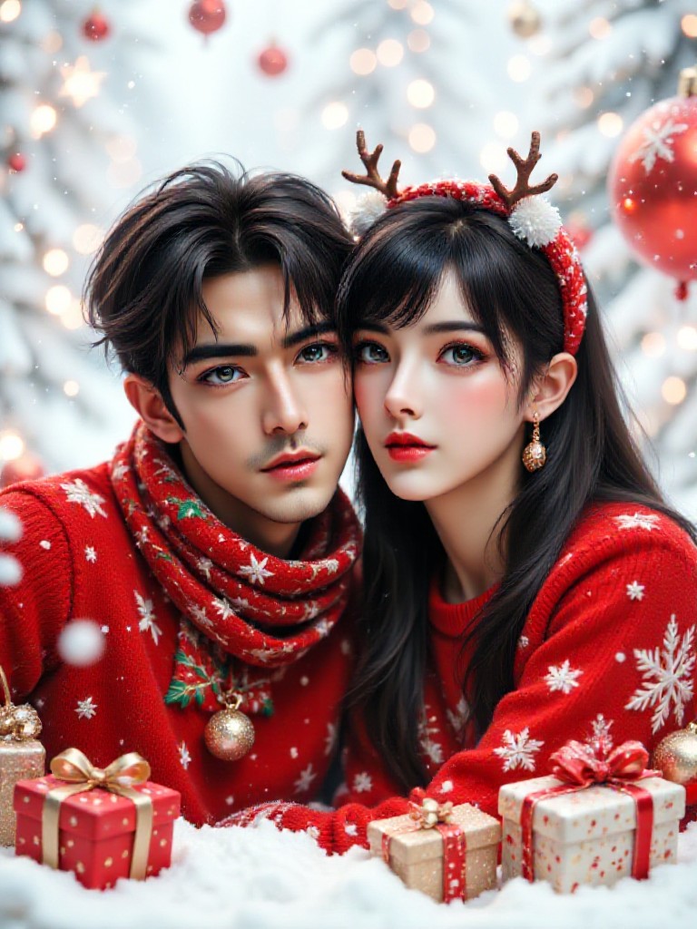 [AI Dynamic Double Couple Animation] Winter Love Song: Festival Couple Photo/ Winter Romance: Festive Couple Portrait image