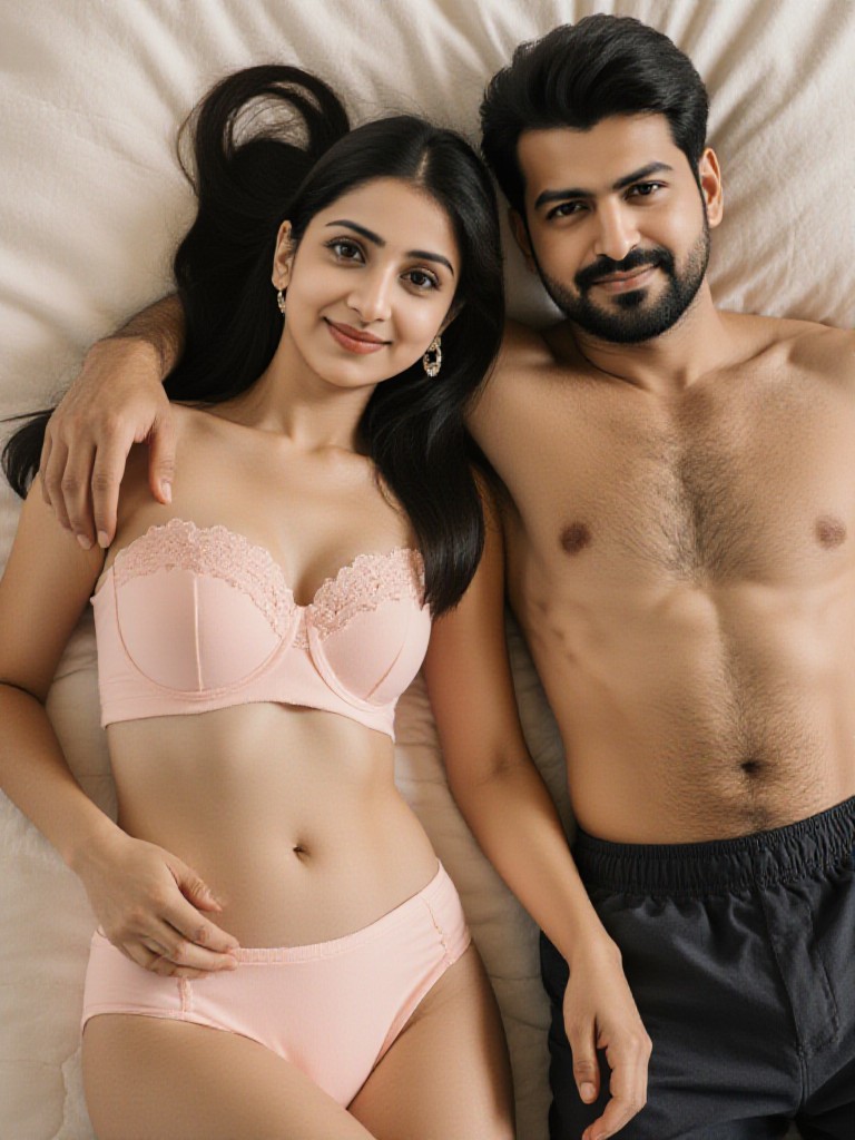 The couple lay in bed image