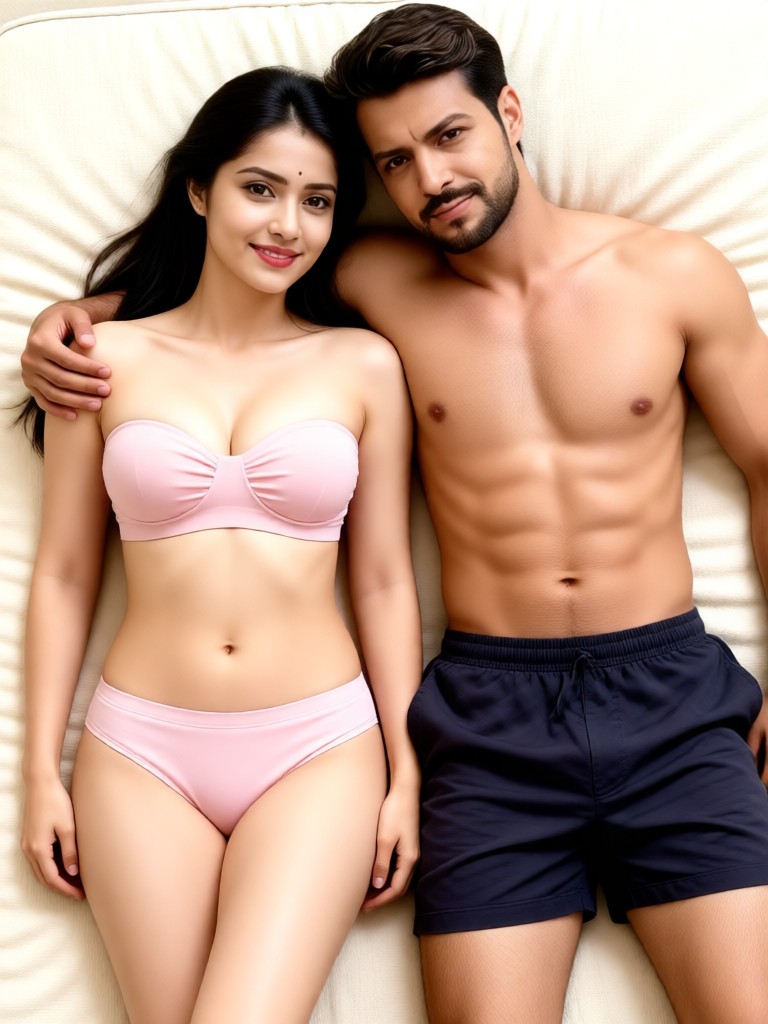 The couple lay in bed image