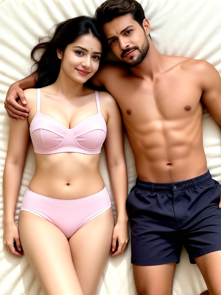 The couple lay in bed image