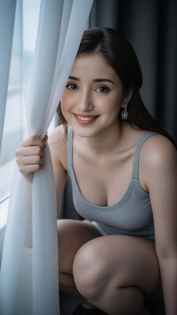 The girl drawing the curtains image