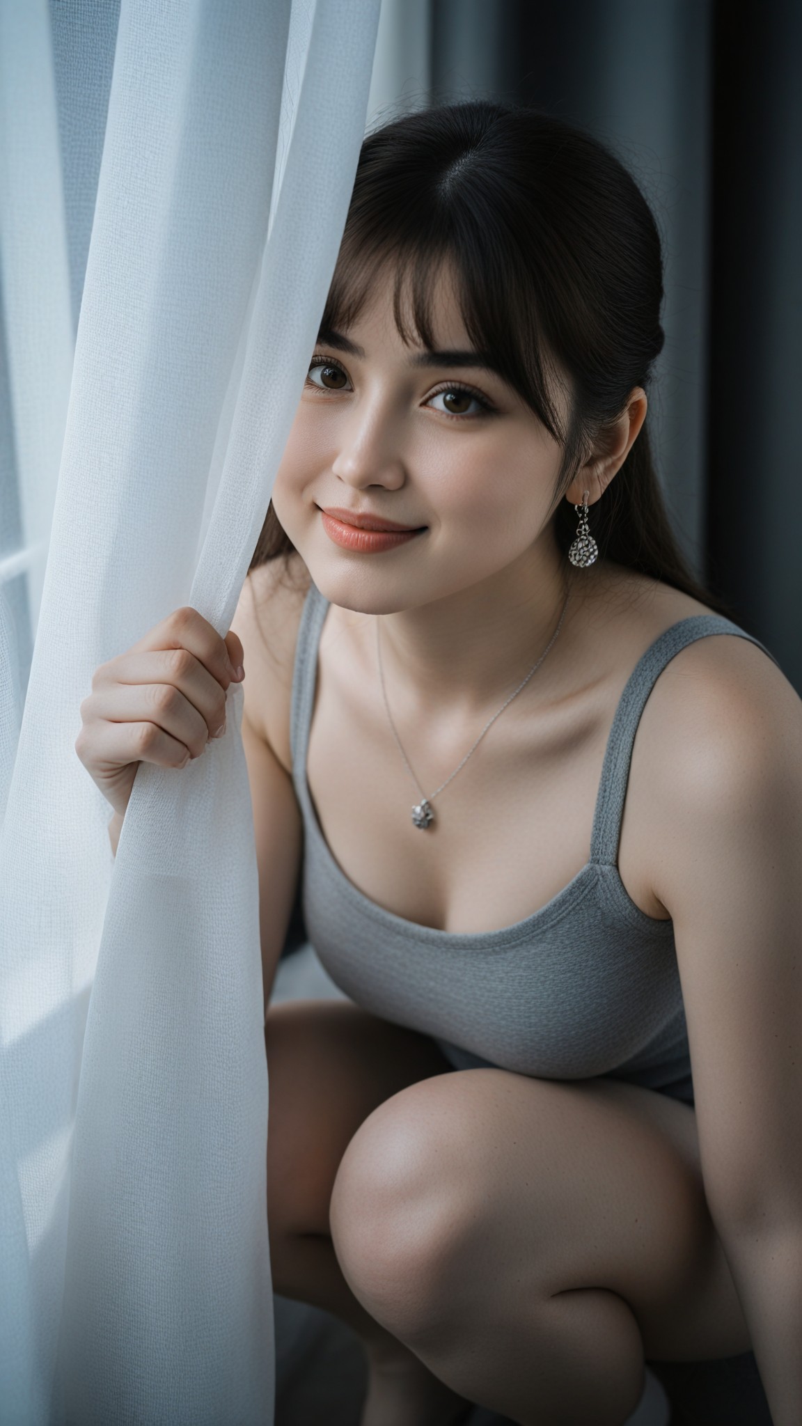 The girl drawing the curtains - p image