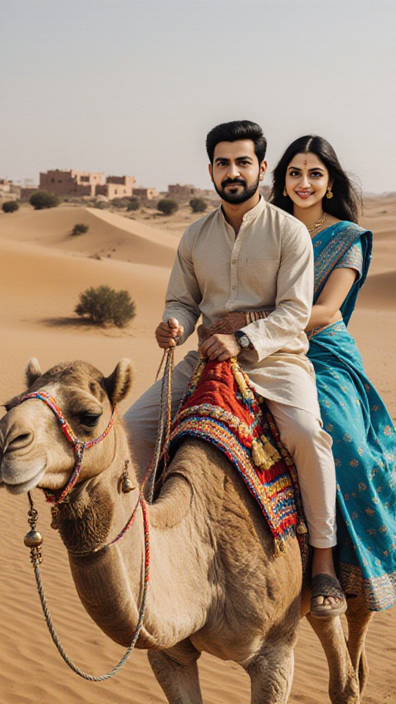 Couple riding camels image