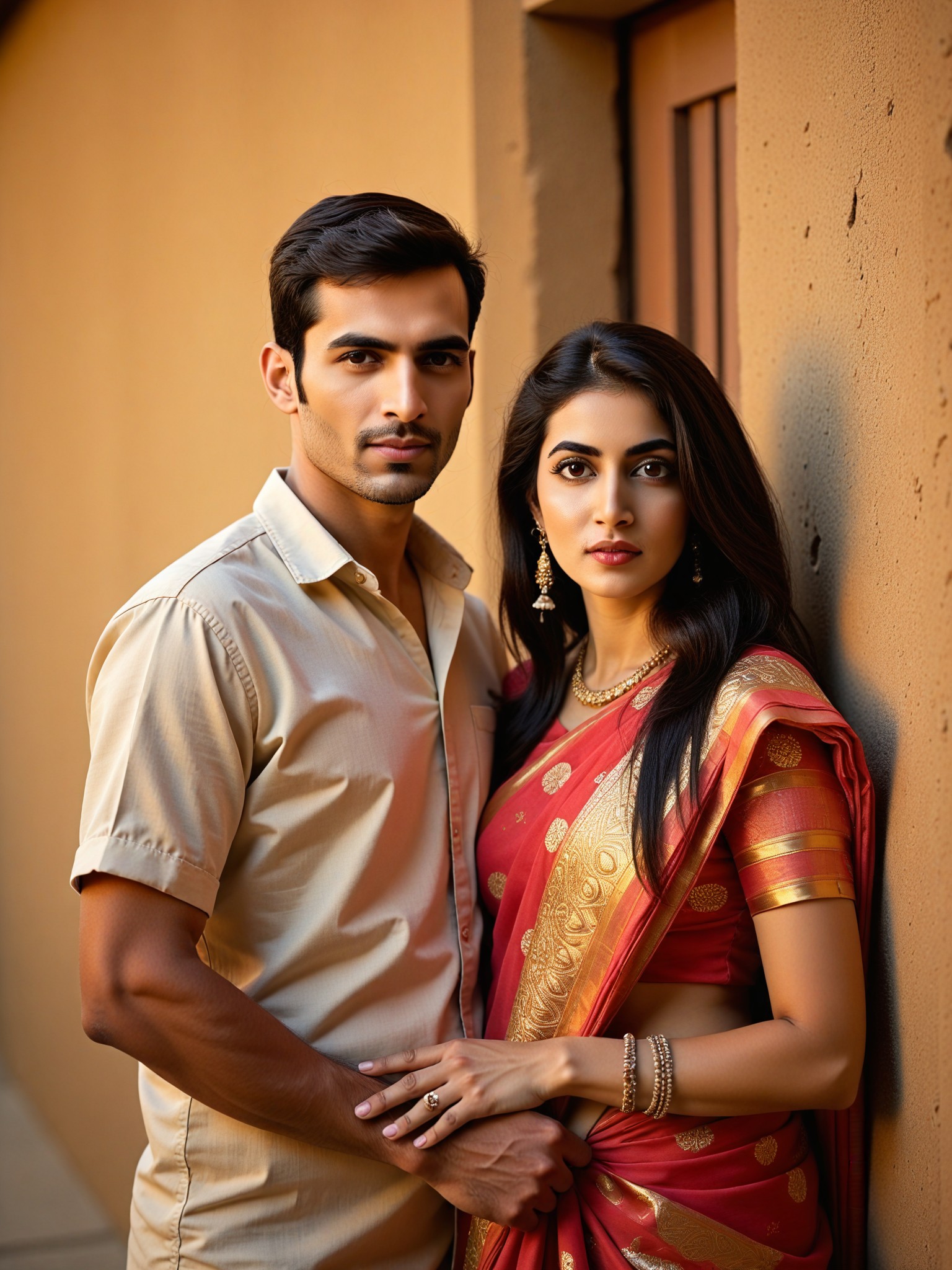 A couple standing in front of a mud wall image
