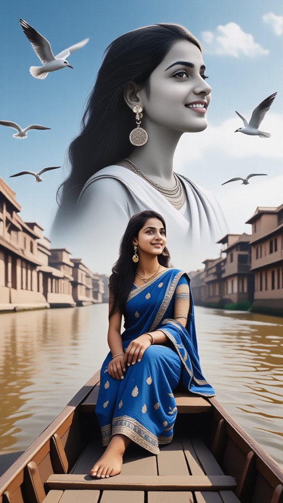 Boating on the Ganges under double exposure image