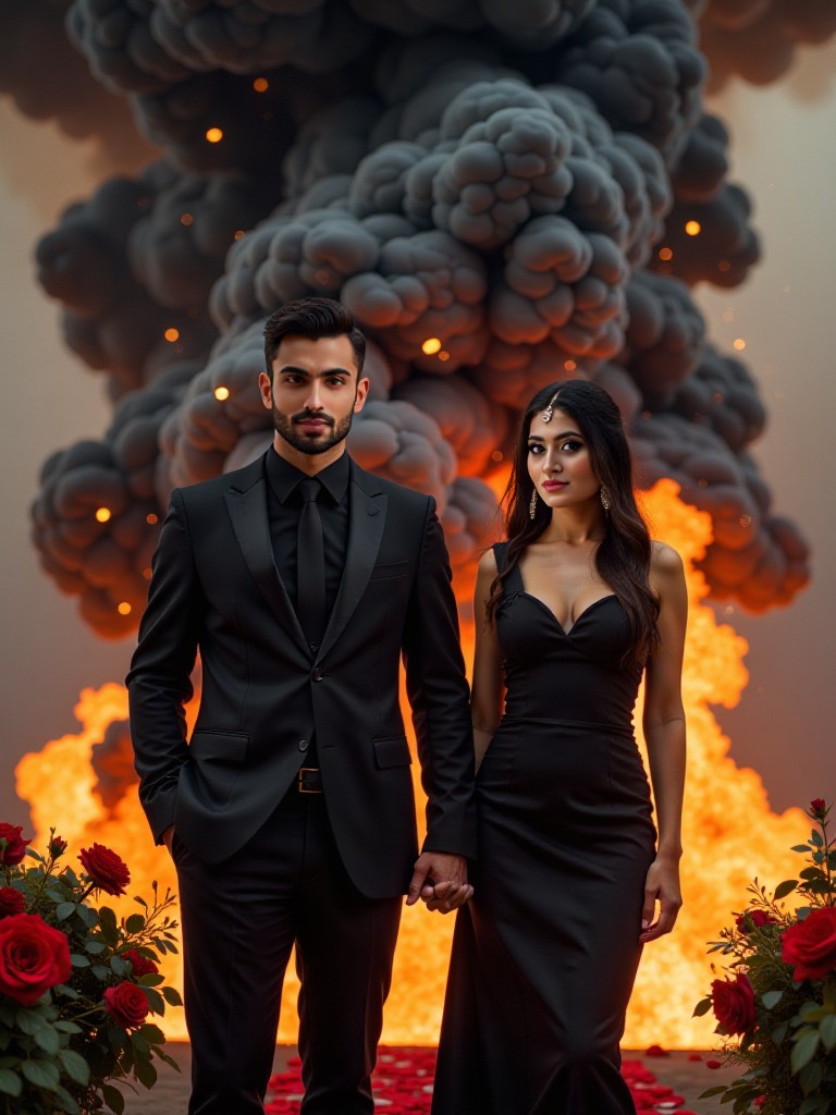 Couple in front of smoke and flowers image
