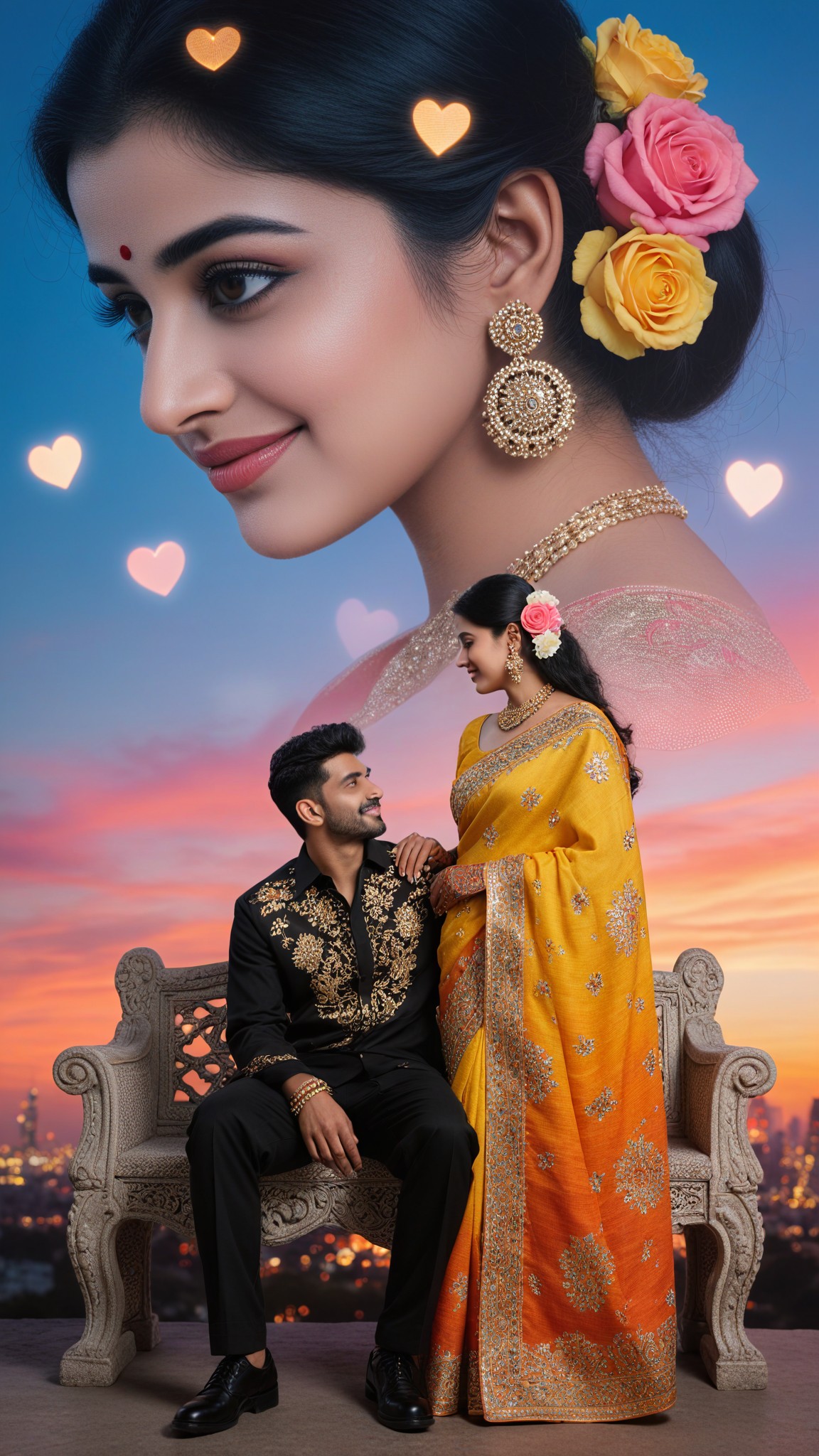 Double-layered composition: Couple's heart and flowers image