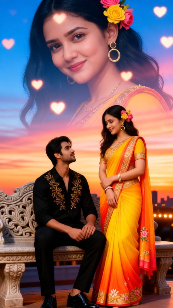 Double-layered composition: Couple's heart and flowers image