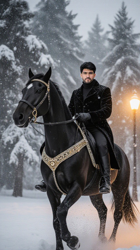 Handsome!!! Horseback riding in the snow. image