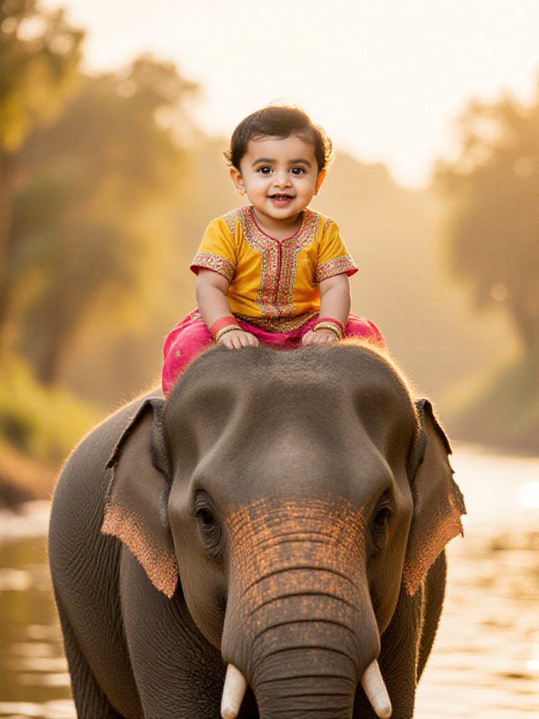 Baby riding an elephant image