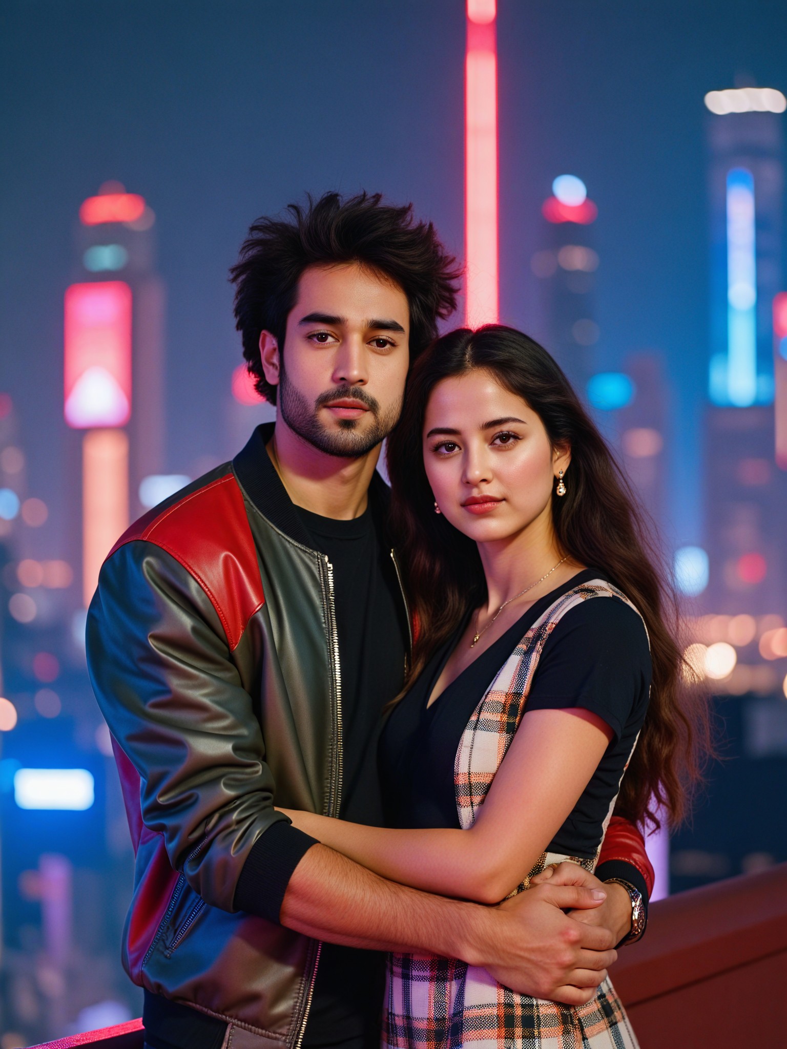 Neon city background fashionable couple photo image