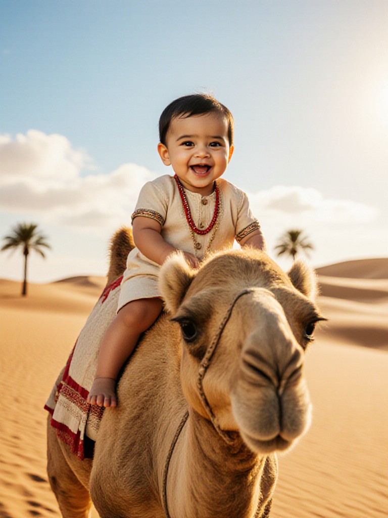 Baby riding a camel image