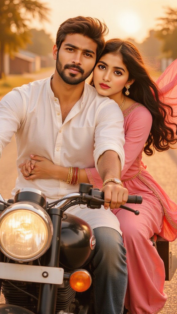 Indian couple on a motorcycle image