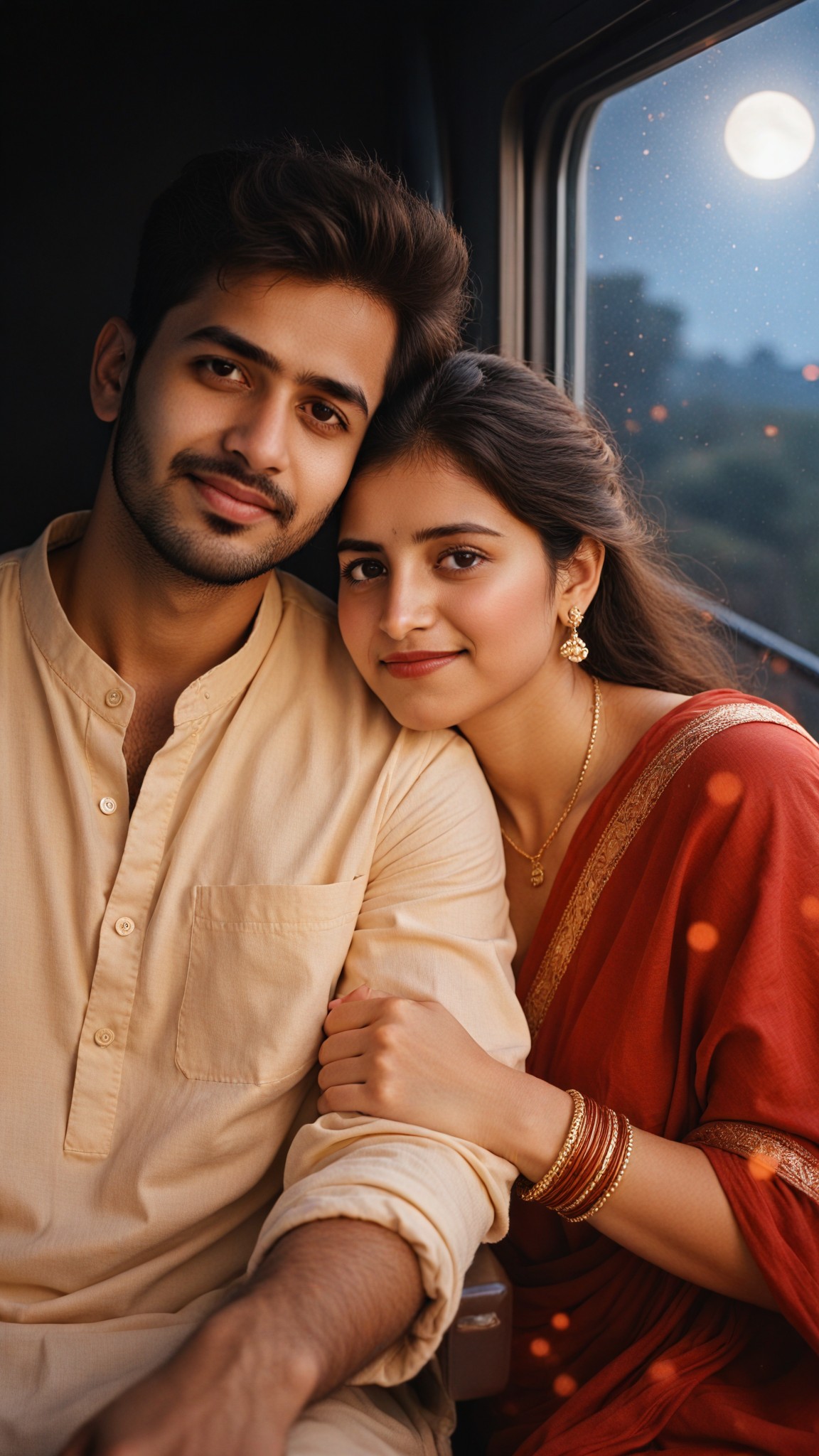 Indian couple on a nighttime train image