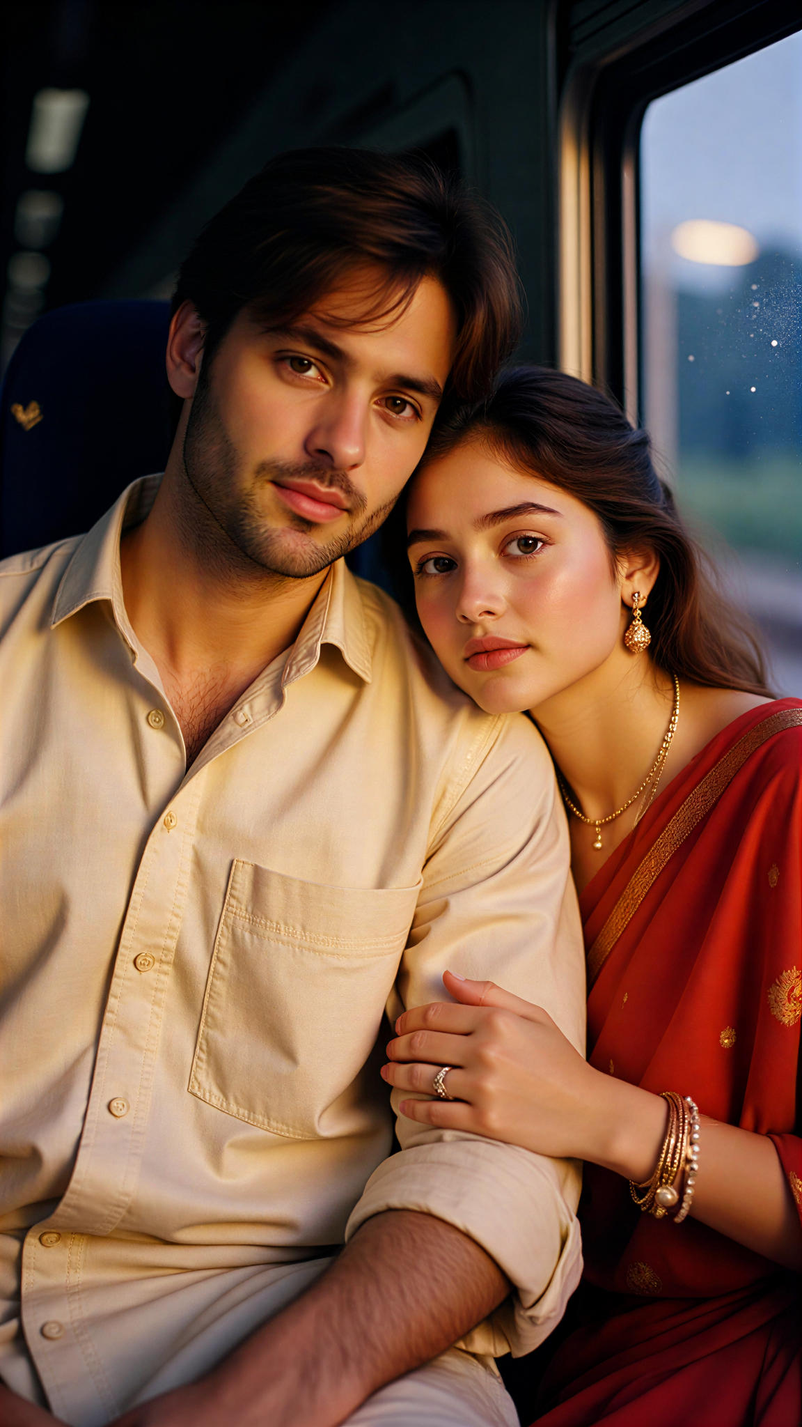 Indian couple on a nighttime train image