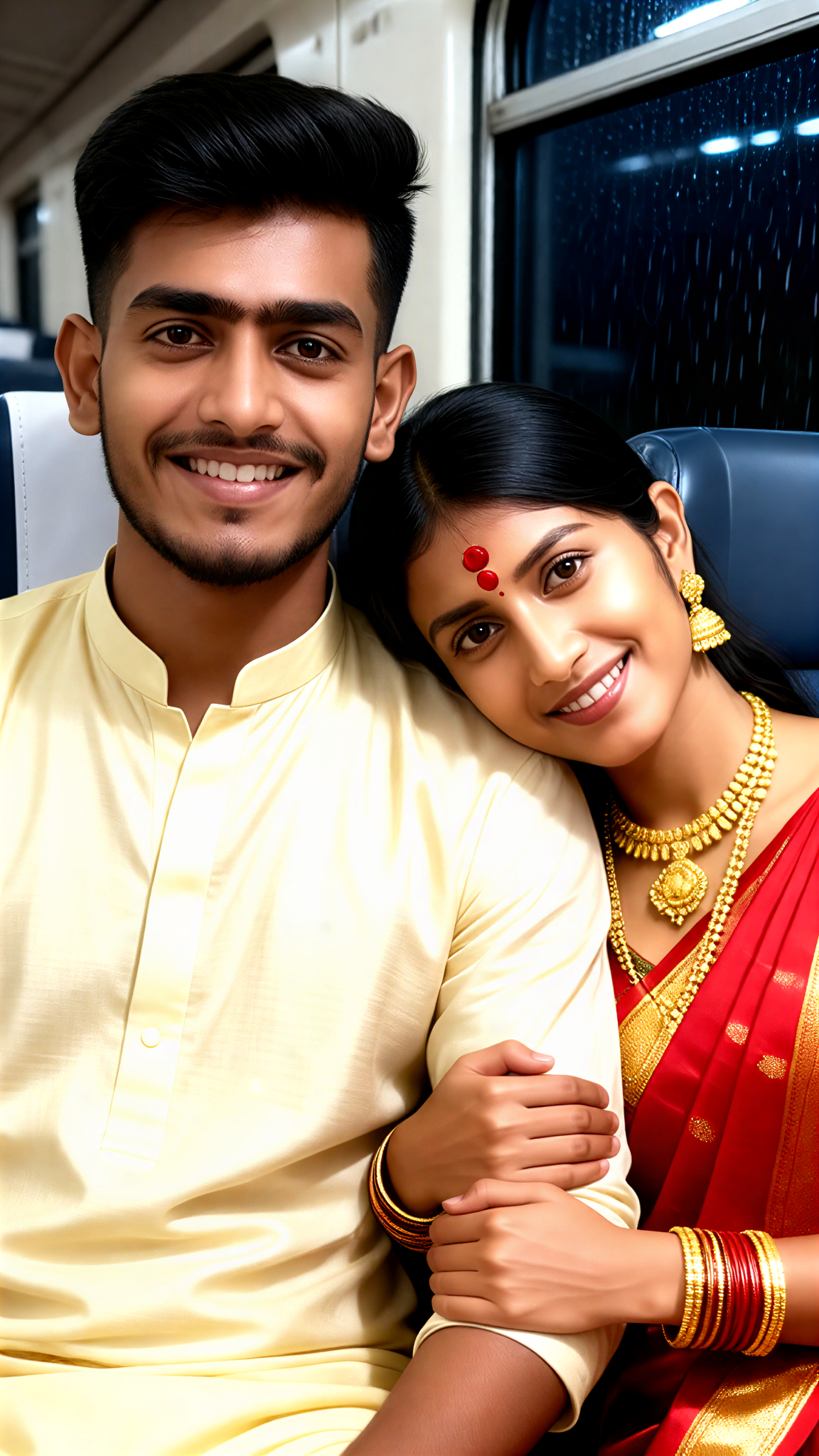Indian couple on a nighttime train image