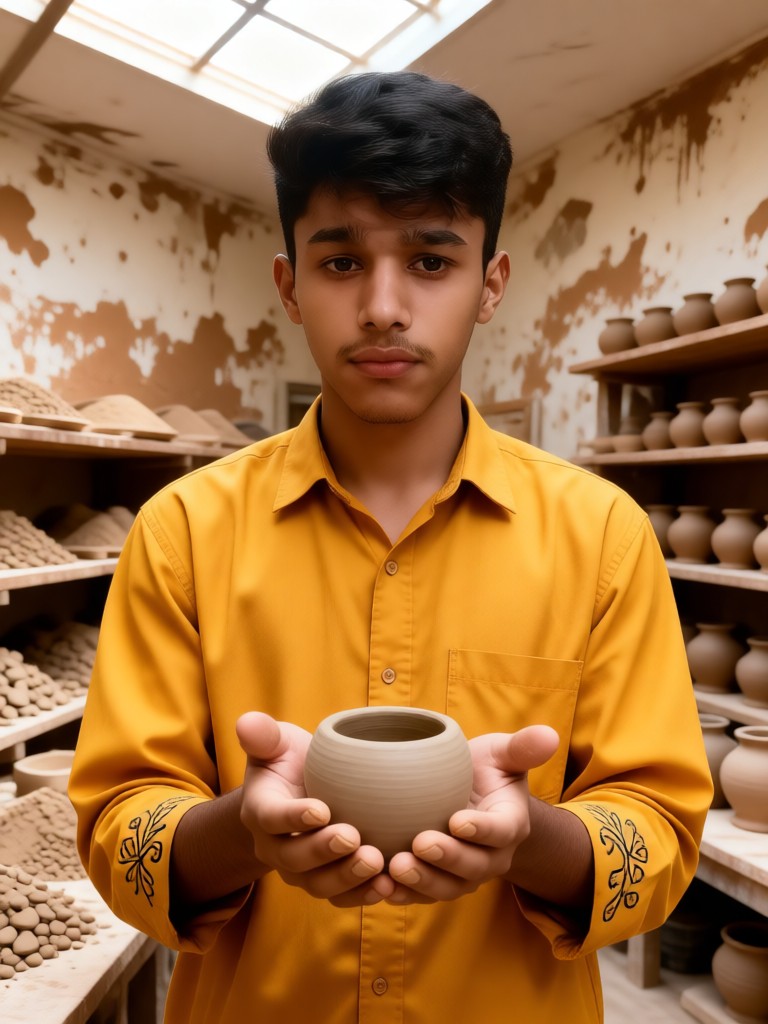 A focused boy who is making clay figurines image