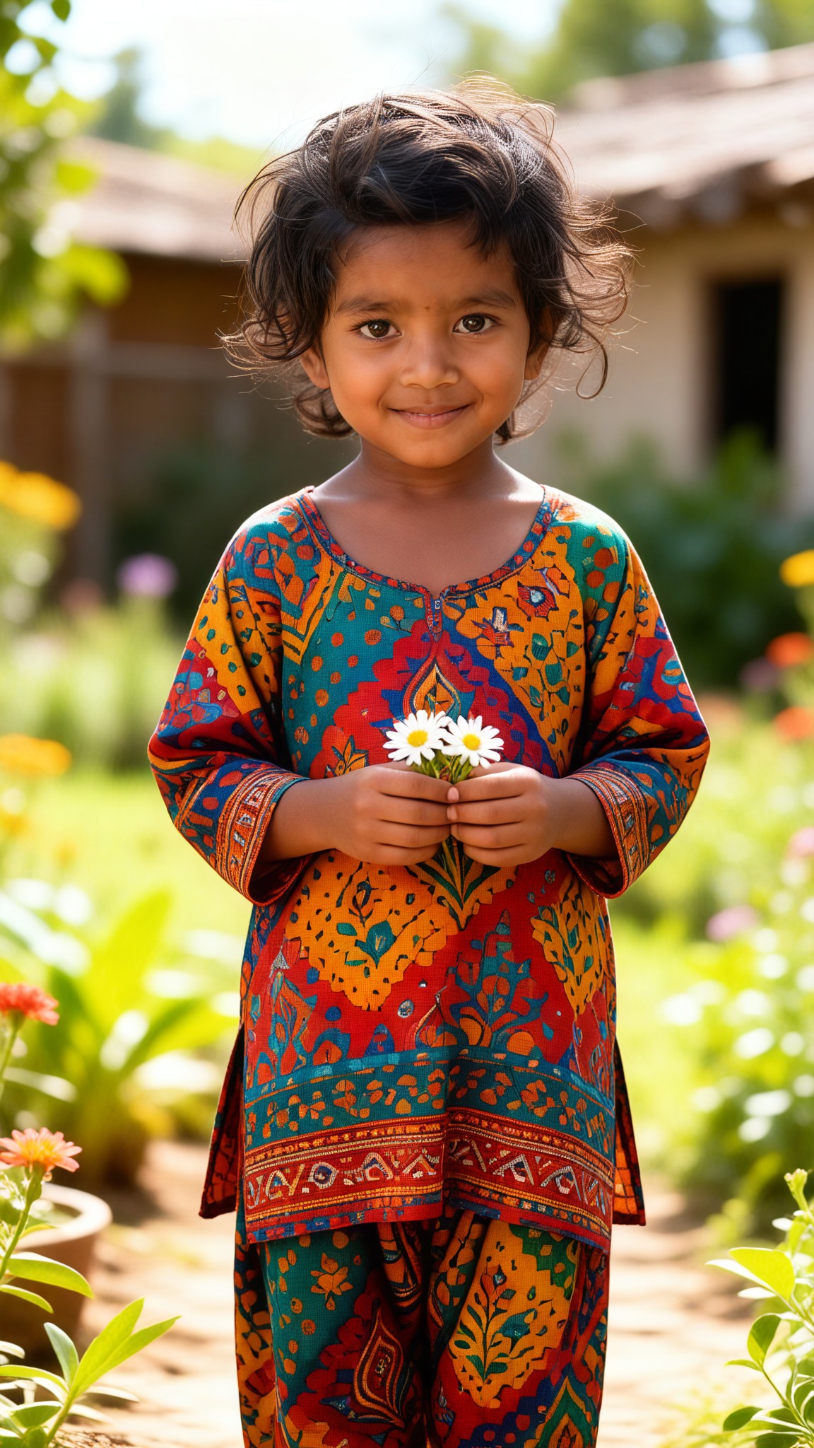 A little girl holding a small flower image