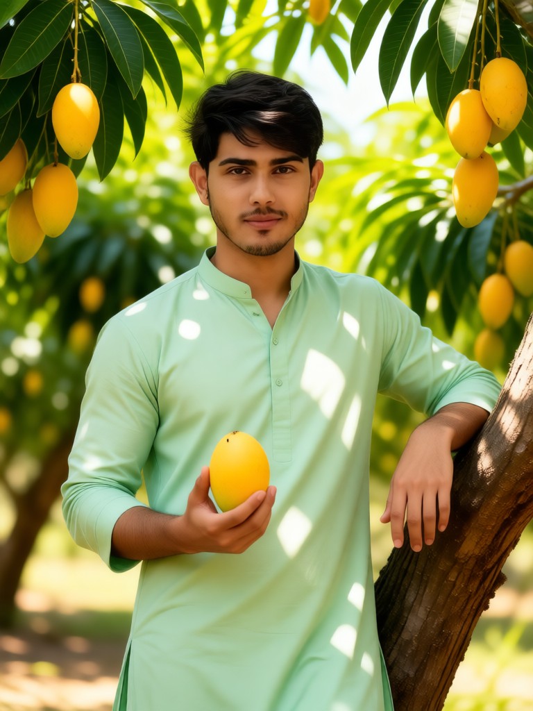 The gentle boy weighing mangoes image