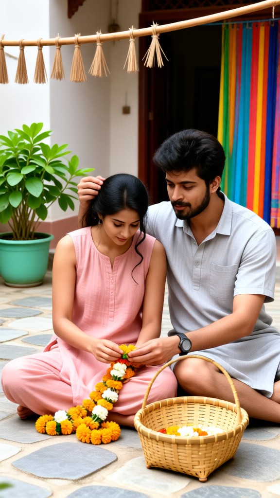 Weaving flower garlands in the courtyard, refreshing and healing for couples image