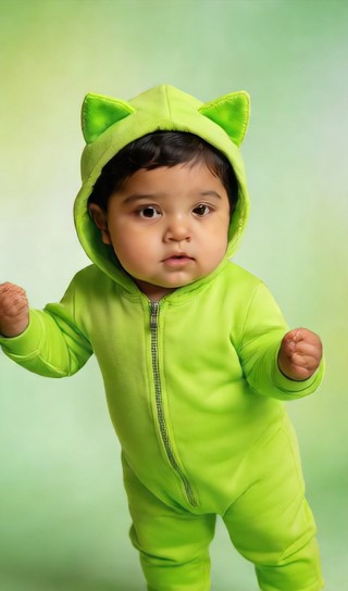 Baby dancing in a green outfit! image