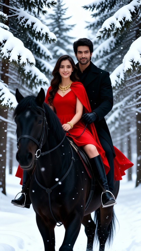 Couple riding horses in the snow image