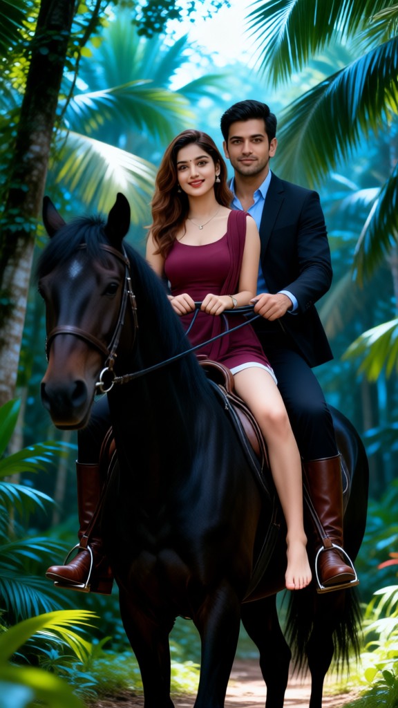 Couples riding horses in the rainforest image