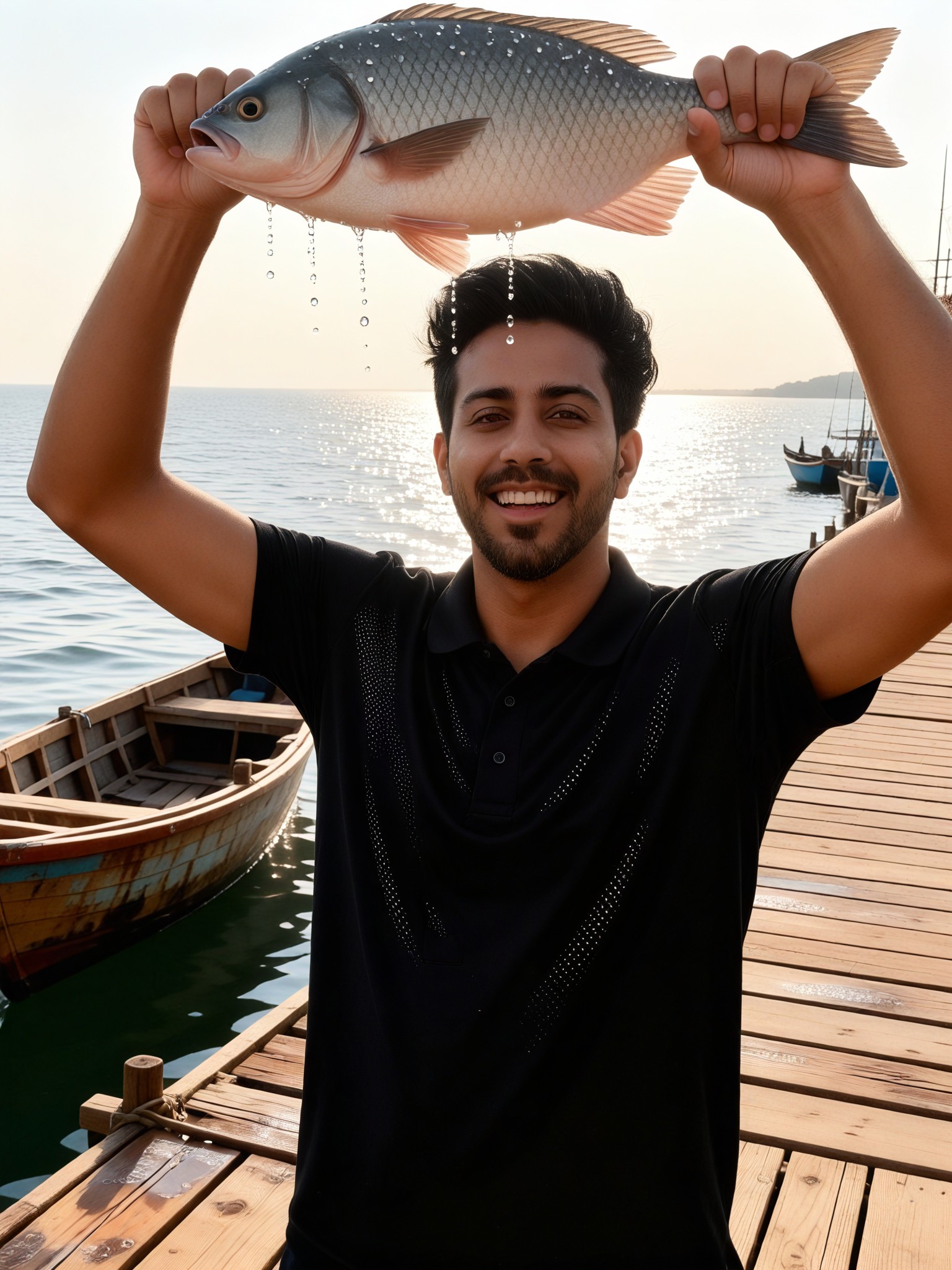 The cheerful boy at the fishing village pier image