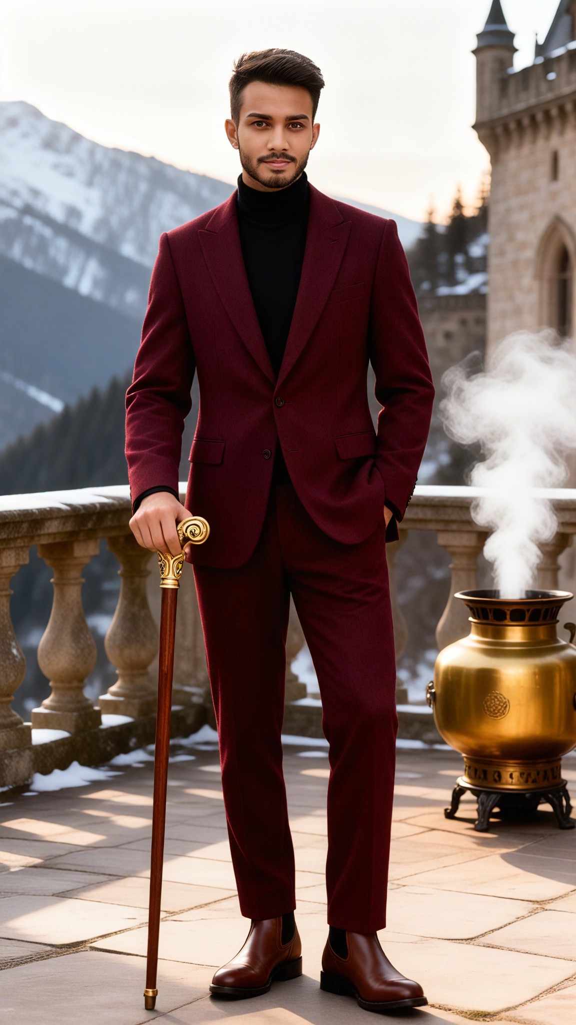 Winter aristocratic style wine red woolen suit boy image