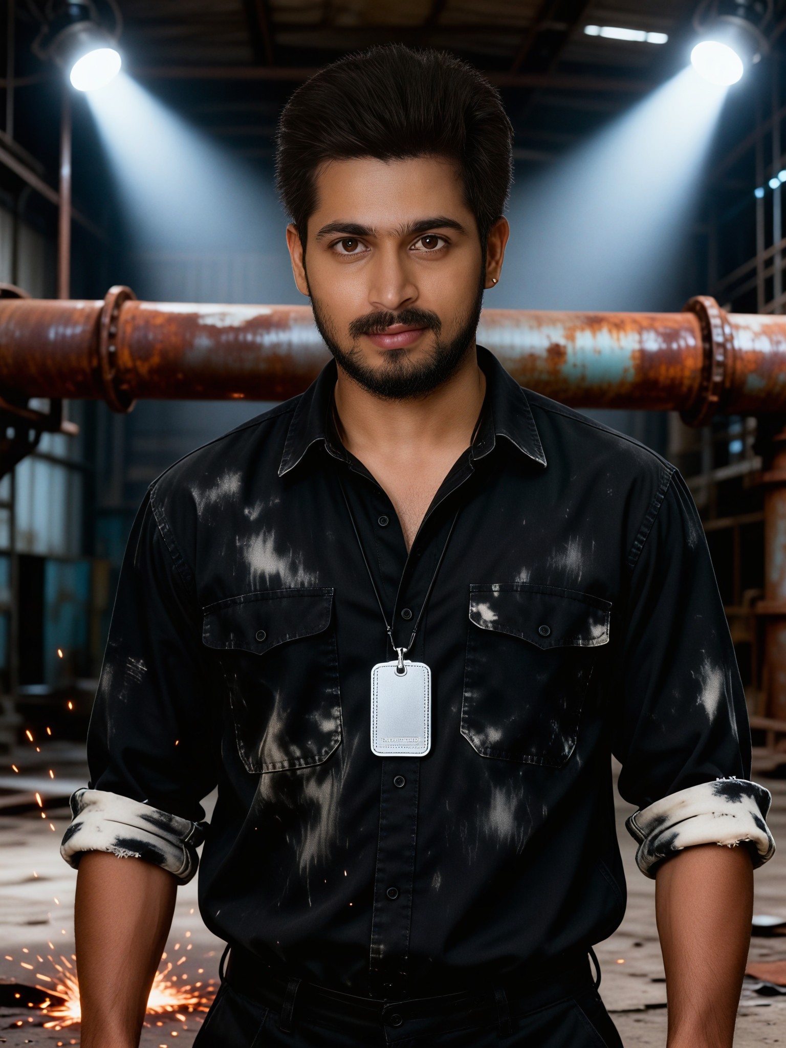 Hardcore tough guy style black work shirt boy image